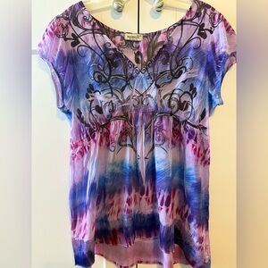 One World Tie-Dye Boho Blouse Women’s Medium | Purple Blue Embellished Top